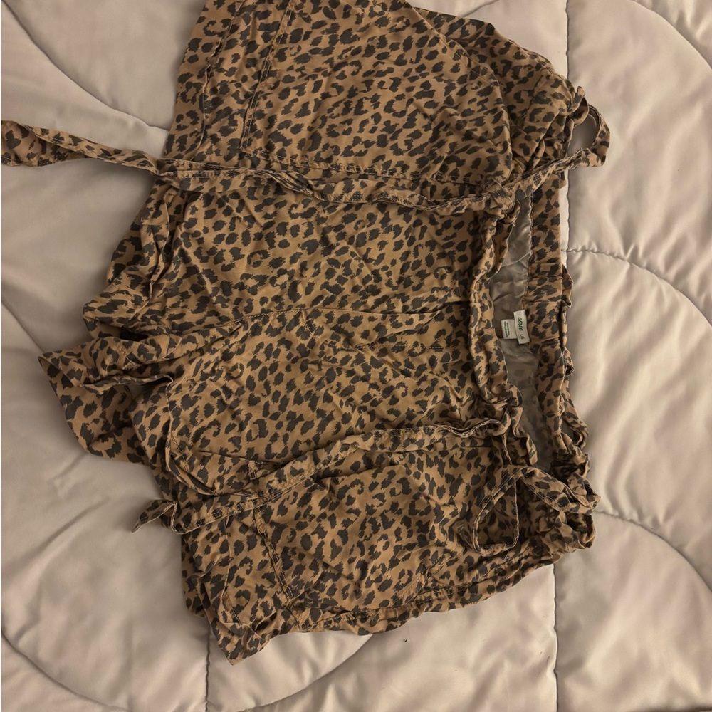 aerie Leopard-Pattern Paperbag Shorts in Tan and Black